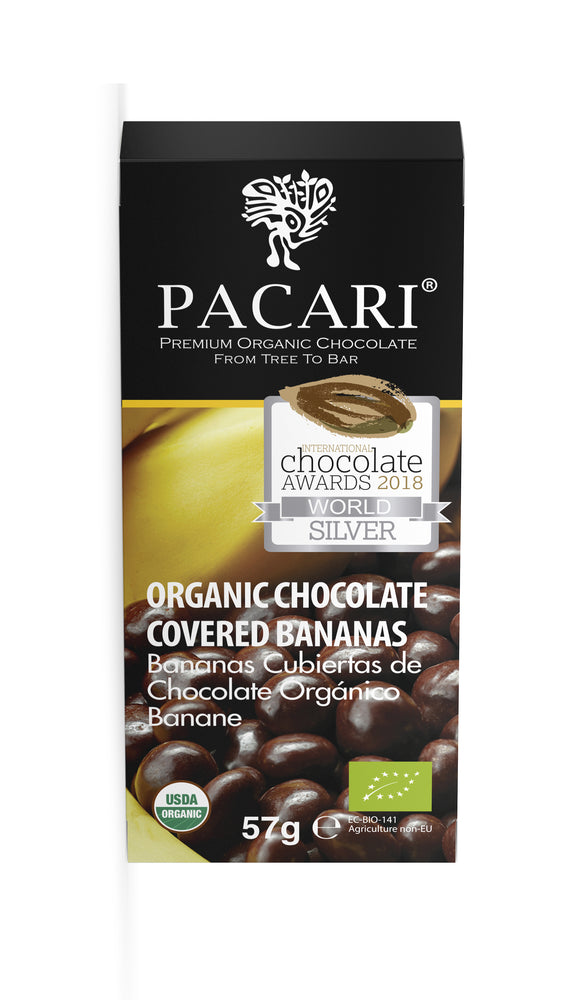 Organic Chocolate Covered Banana, organic, vegan, fair trade, palm oil free, soy free, gluten free, kosher.