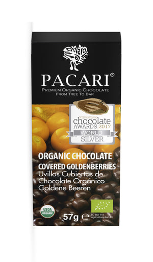 Organic Chocolate Covered Golden berries, organic, vegan, fair trade, palm oil free, soy free, gluten free, kosher.
