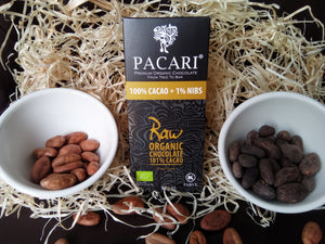 Raw 100% cacao plus 1% cacao nibs, Biodynamic, organic, vegan, sugar free, palm oil free, soy free, gluten free, kosher, chocolate bar
