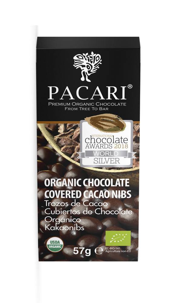 Organic Chocolate Covered Cacao Nibs, organic, vegan, fair trade, palm oil free, soy free, gluten free, kosher.