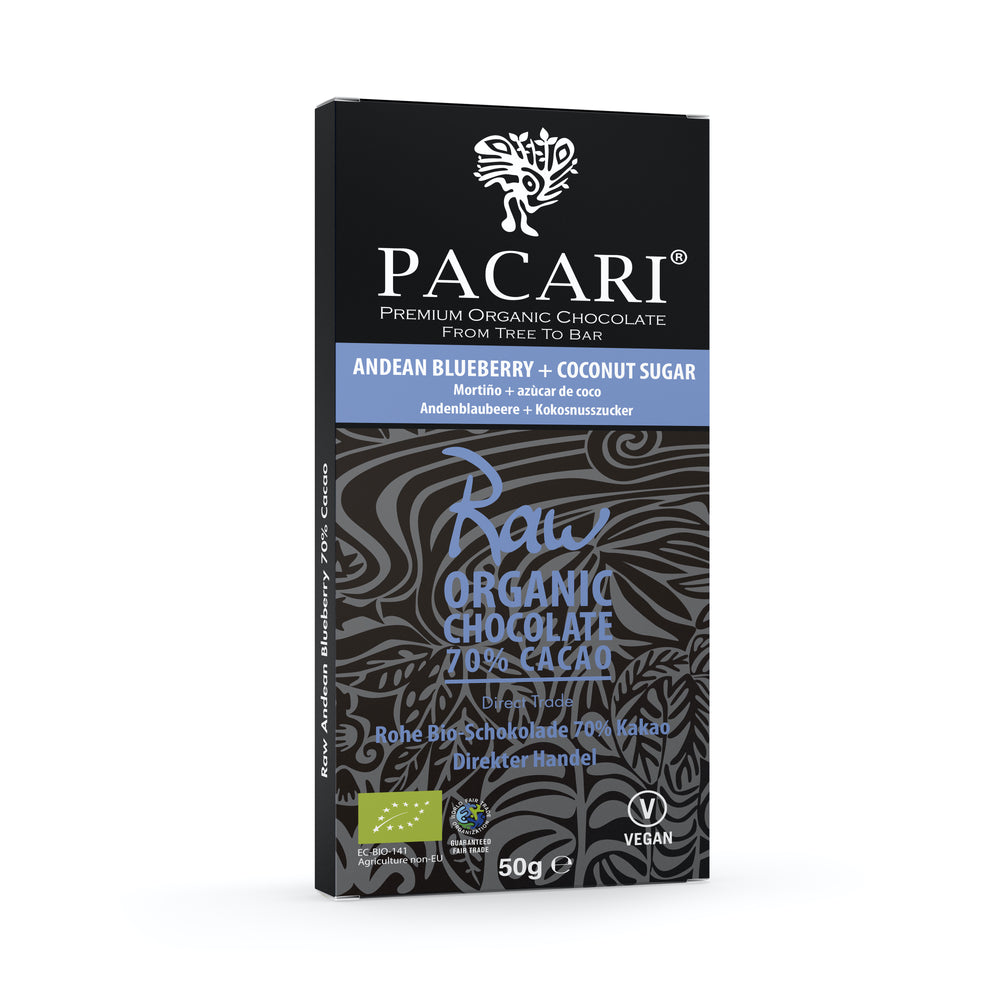 Raw (Unroasted) Organic Chocolate Bar 70% Andean Blueberry with Coconut Sugar